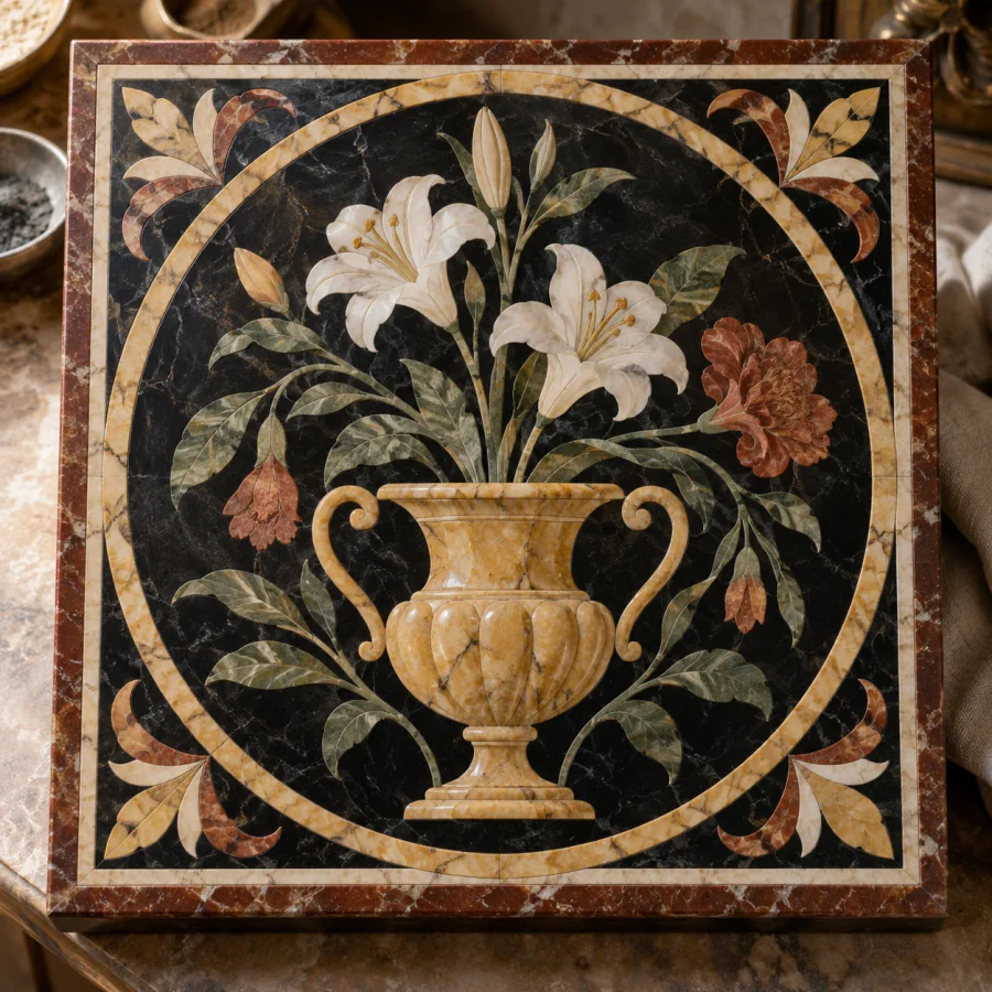 Scagliola Inlay: Pigmented plaster inlays imitating colored stone, finely fitted ornamental shapes and polished mineral-like depth.