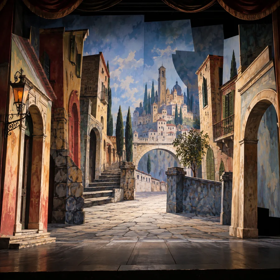Scenographic Set Design: Painted theatrical flats, exaggerated forced perspective and layered stage scenery arranged for dramatic viewing.
