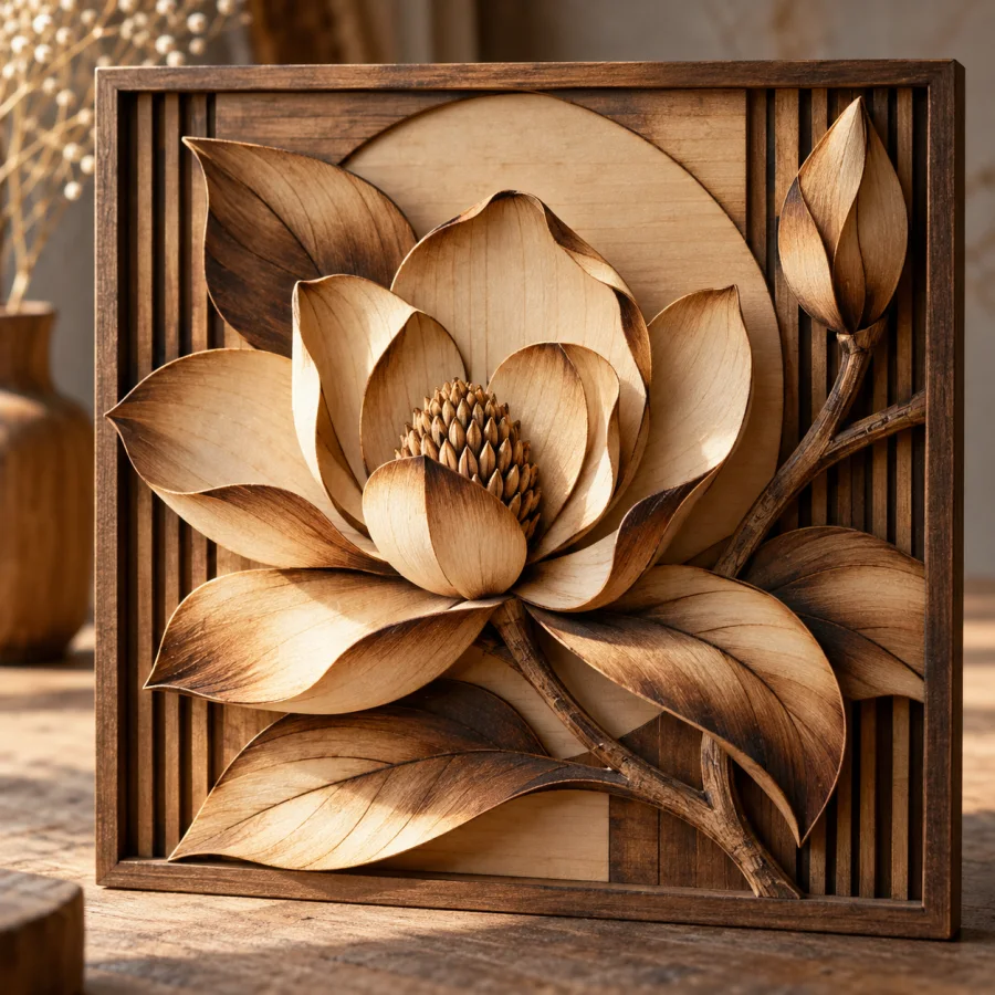 Scorched-Veneer Shading: Wood veneer edges shaded through controlled scorching, soft brown gradients and illusionistic folded forms.