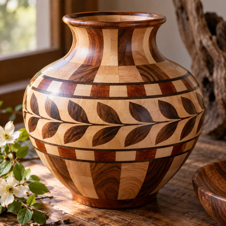 Segmented Woodturning: Precisely joined wooden segments turned into curved vessels, concentric pattern bands and polished grain contrasts.