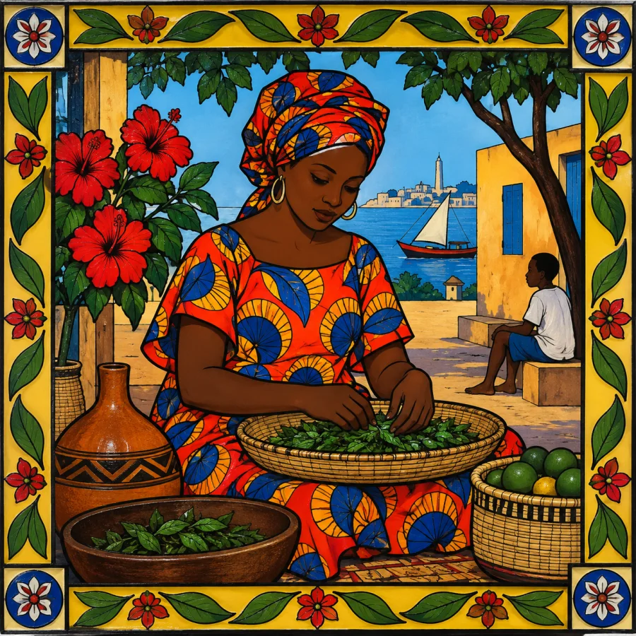 Senegalese Souwere-Inspired Painting: Bright reverse-glass-like painting with crisp dark contours, luminous flat color and decorative framing around original everyday subjects.
