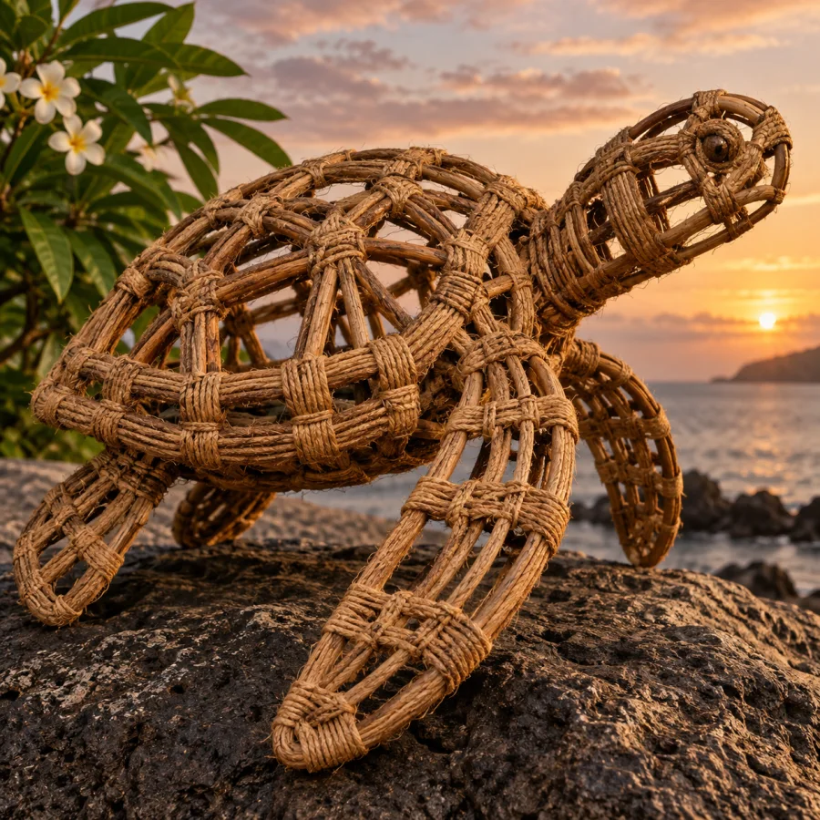 Sennit Lashing Sculpture: Braided coconut-fiber cords wrapped into structural joints, strong repeated binding patterns and warm natural fibers over an open framework.