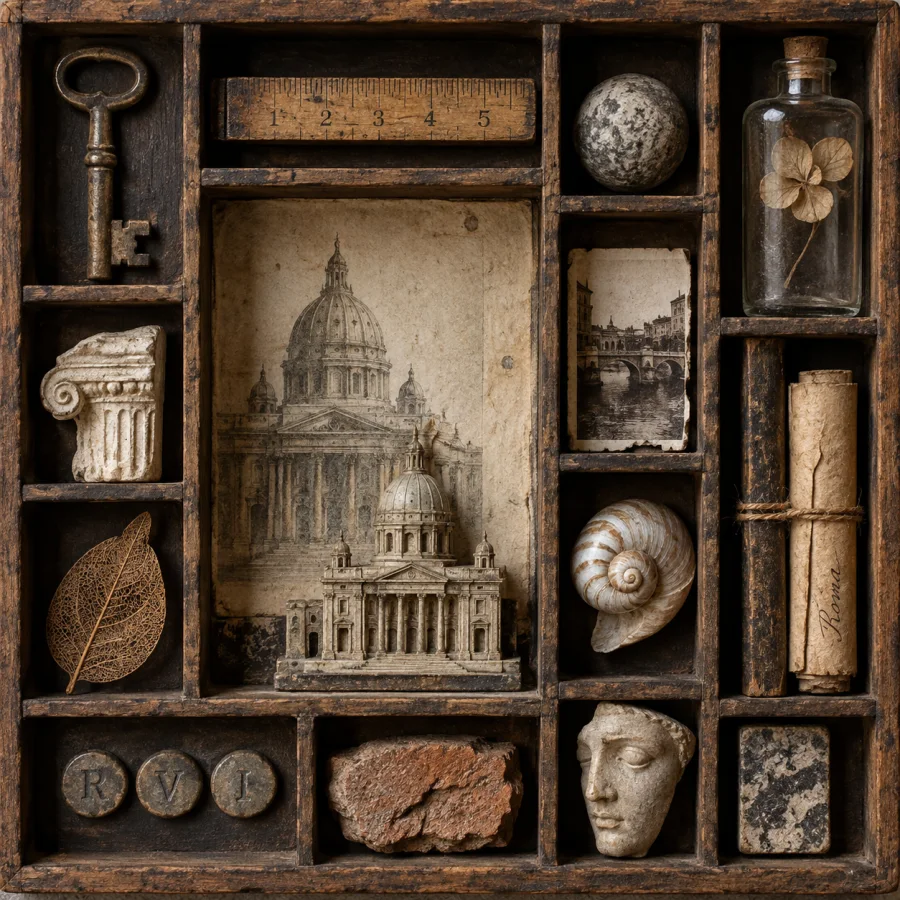 Shadow-Box Assemblage: Found objects arranged in shallow compartments, intimate scale, worn surfaces and carefully balanced material associations.