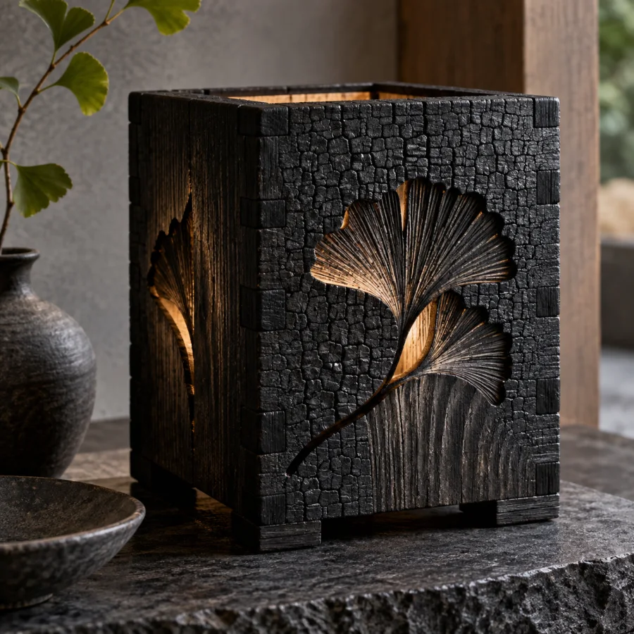 Yakisugi Charred Wood: Charred timber with alligator-like cracks, deep black ridges and silvery brushed grain.