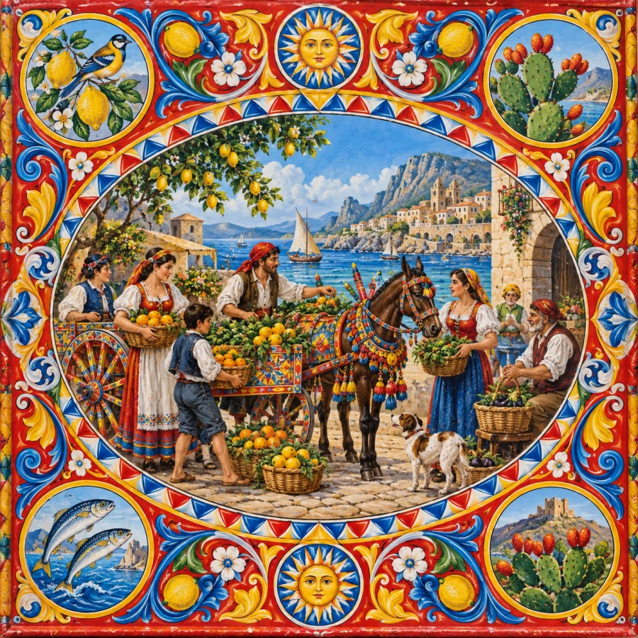 Sicilian Cart Painting: Dense vivid narrative panels, floral scrolls, bright red-blue-yellow ornament and polished painted-wood surfaces.