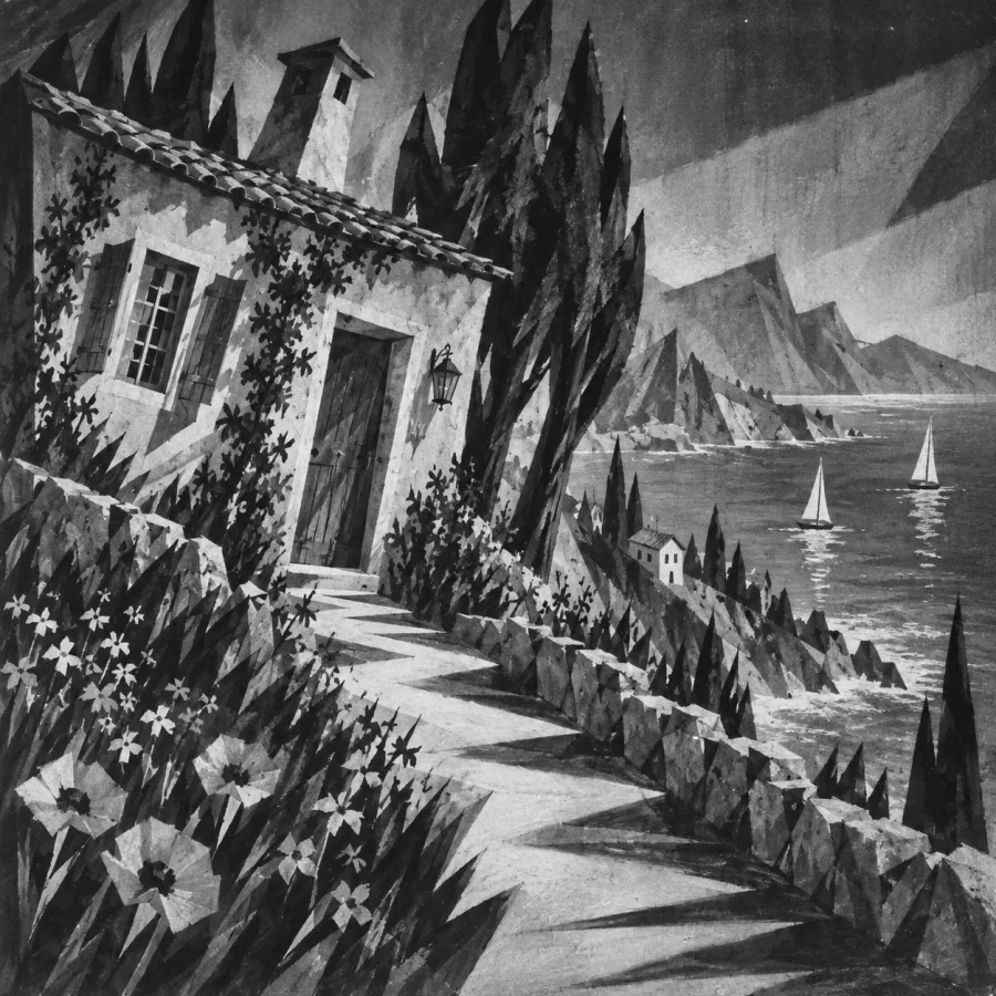 Expressionist Silent Cinema: Monochrome theatrical sets with crooked architecture, painted wedges of shadow, distorted perspective and grainy silver-screen atmosphere.