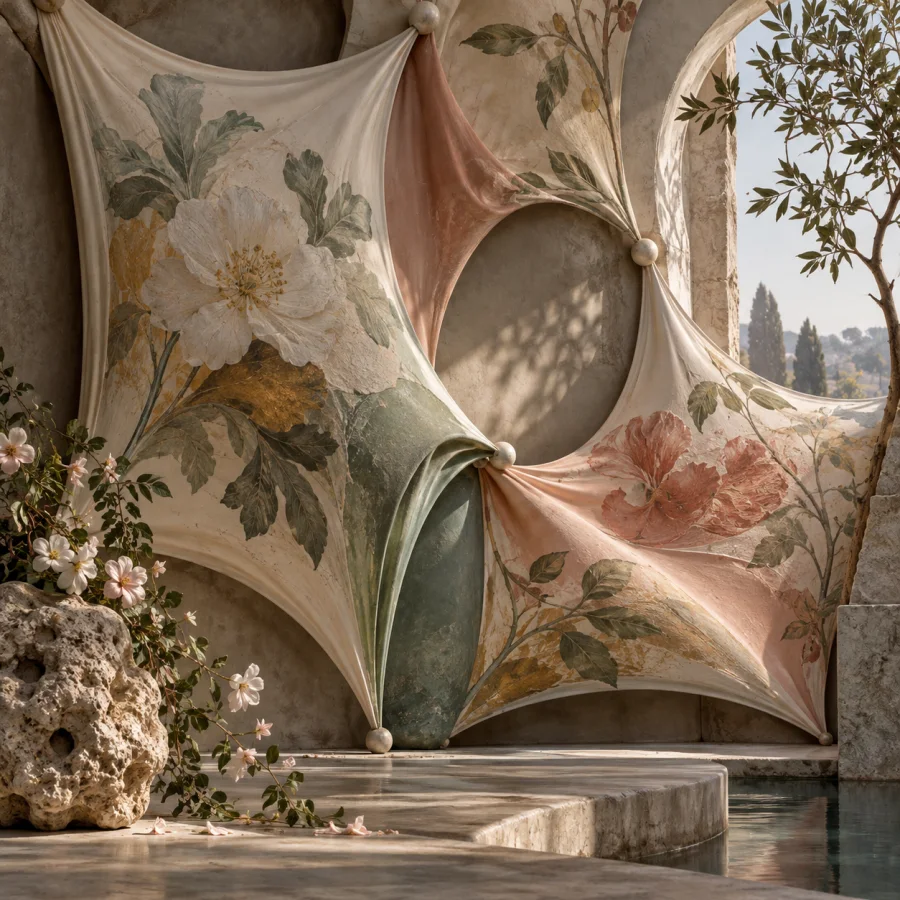 Silicone Fresco Garden: Soft matte silicone panels carrying fresco-like botanical color, gently stretched surfaces and sculptural painted folds.