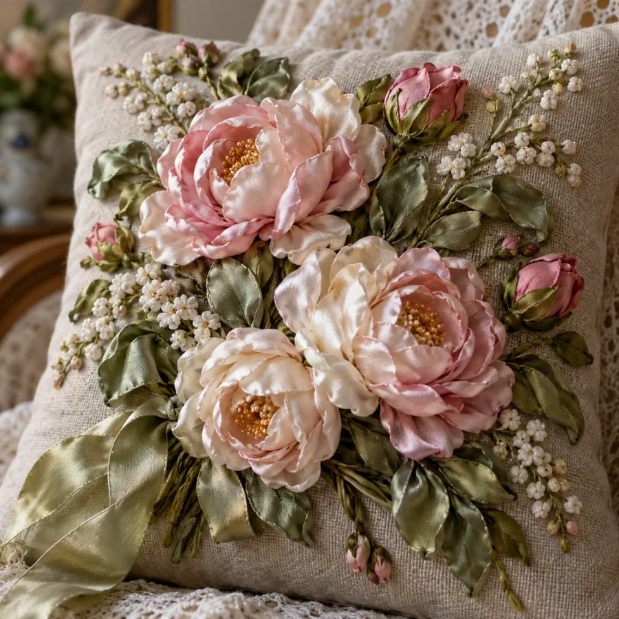 Silk Ribbon Embroidery: Broad silk ribbons folded into dimensional petals and leaves, lustrous highlights and soft gathered edges.