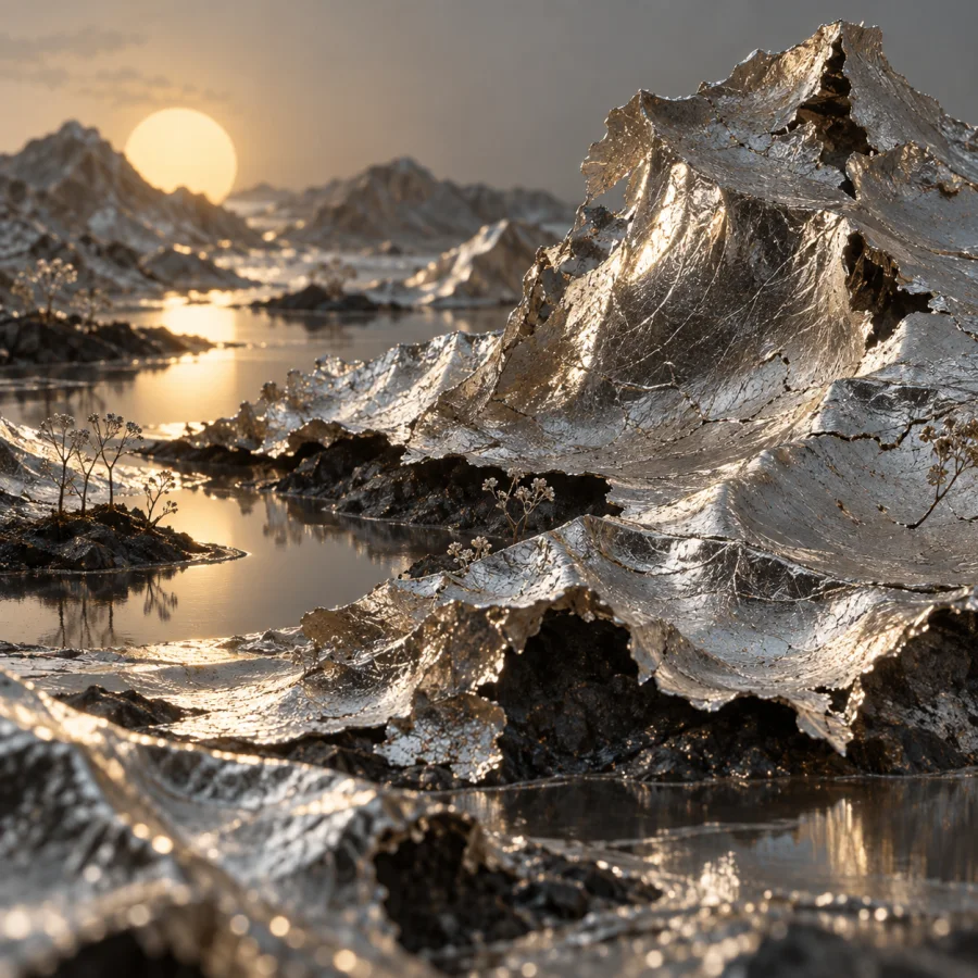 Silverleaf Microterrain: Fragile silver leaf draped across miniature hills, torn edges, soft dents and highly reflective topographic detail.