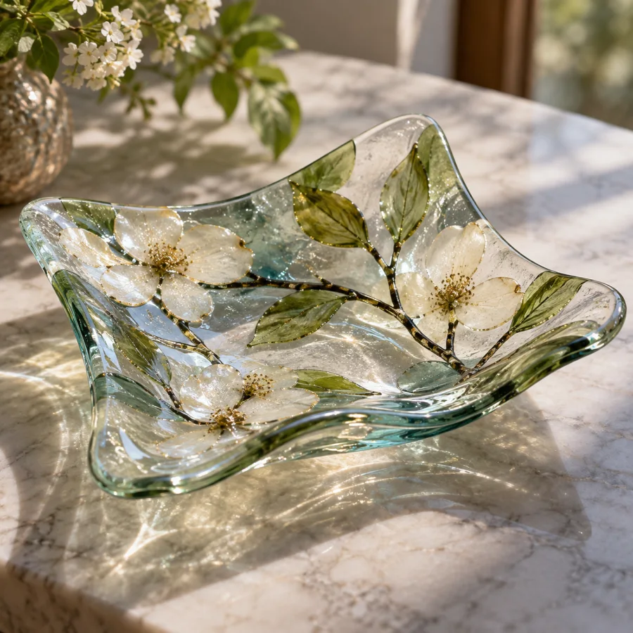 Slumped Glass: Glass sheets softened over molds into fluid shallow curves, gently distorted edges and pooled transparency.