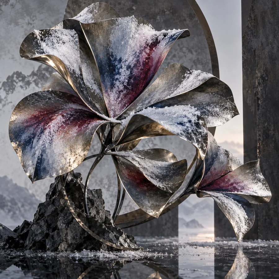 Snow-Dyed Metal Petals: Thin metal petals carrying powdery dye gradients, frost-like pigment deposits and sharp folded edges.
