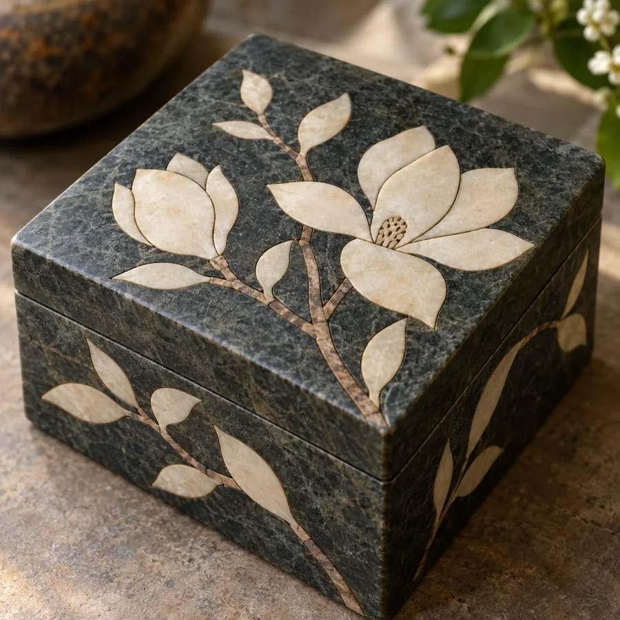 Soapstone Inlay: Soft carved stone pieces fitted into contrasting surfaces, smooth pale shapes and precise shallow joins.
