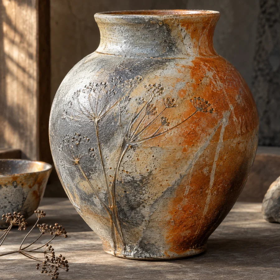 Soda-Fired Ceramics: Uneven atmospheric glaze flashes, orange-gray surface variation and directional vapor marks over stoneware.