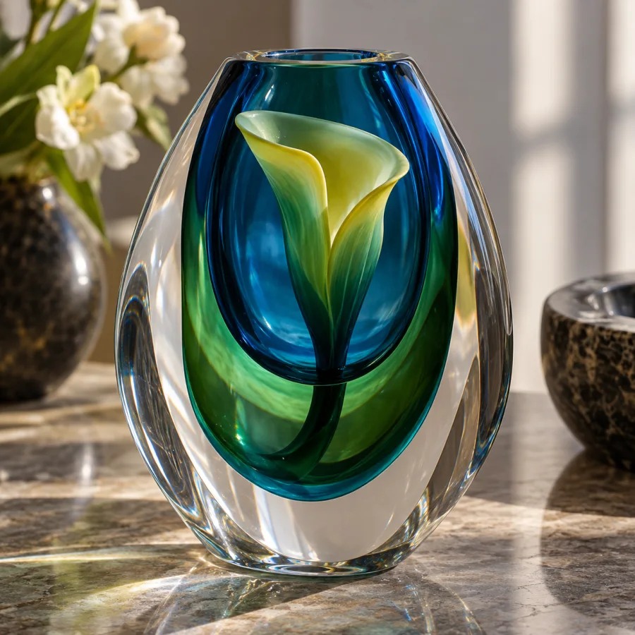 Sommerso Glass: Distinct colored glass layers submerged within clear outer glass, smooth boundaries and saturated optical depth.