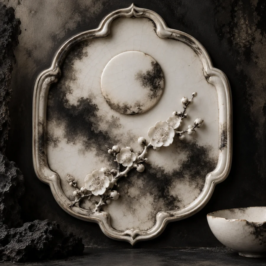 Soot-Porcelain Cartouche: White ceramic forms framed by soft soot-like shadows, delicate raised borders and atmospheric monochrome restraint.