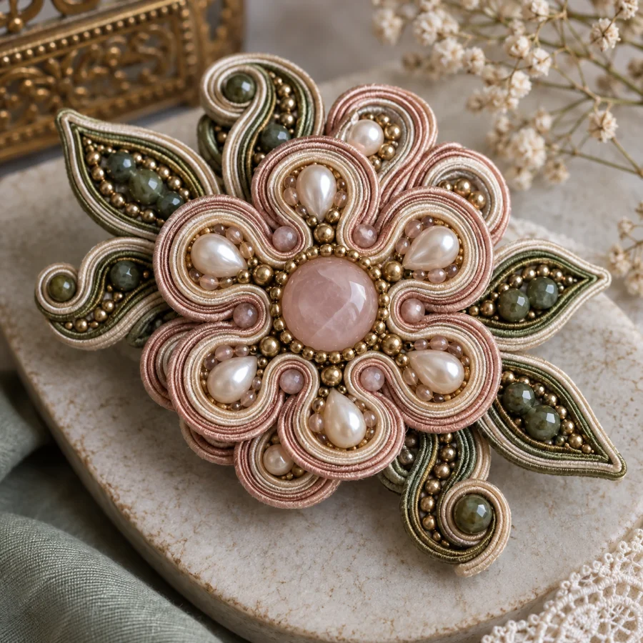 Soutache Bead Embroidery: Narrow braided cords curled around polished beads, tight nested curves and dimensional ornamental outlines.