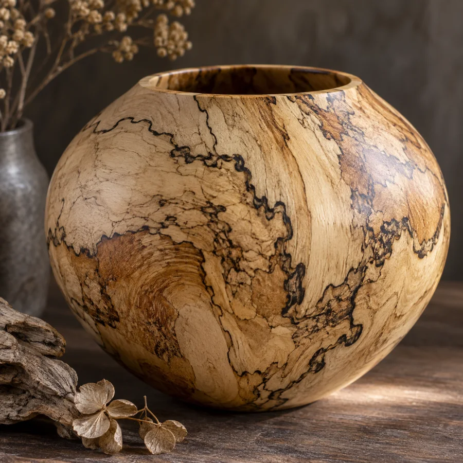 Spalted Woodturning: Smooth turned forms revealing dark fungal boundary lines and marbled natural wood color.