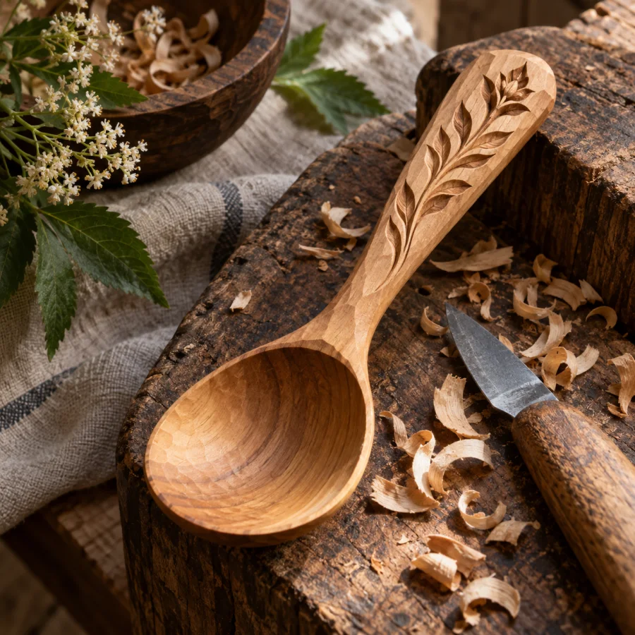 Spoon Carving: Hand-hewn wooden forms with visible knife facets, sweeping grain and intimate functional curves.