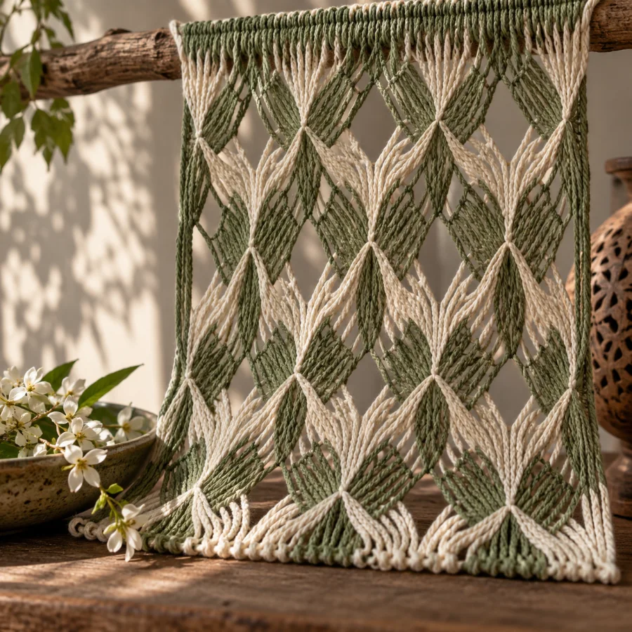 Sprang Textile: Elastic openwork formed from interlinked warp threads, symmetrical twisting mesh and airy diamond-shaped spaces.