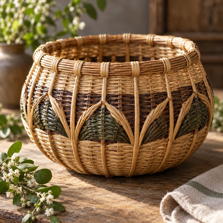 Stake-and-Strand Basketry: Upright structural rods interwoven with flexible strands, clear ribs and rounded wicker volume.