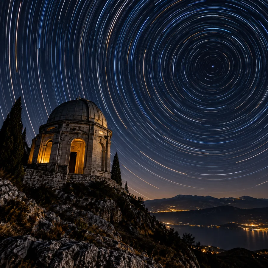 Star-Trail Photography: Long curved stellar light paths over a dark landscape, a fixed celestial rotation center and controlled night exposure.