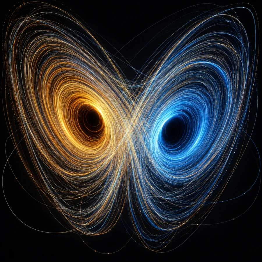 Strange-Attractor Linework: Dense looping trajectories forming an elegant abstract structure, fine luminous paths and layered mathematical depth.