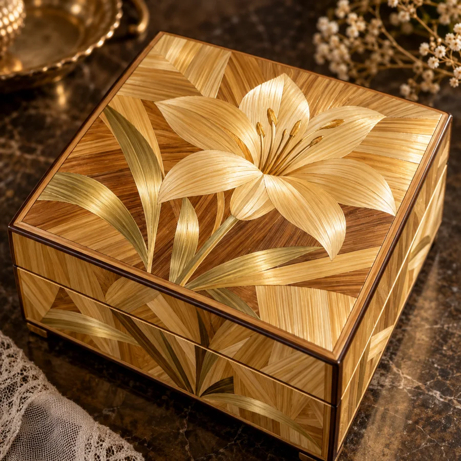 Straw Marquetry: Split flattened straw arranged into decorative patterns, luminous linear fibers and warm reflective gold tones.