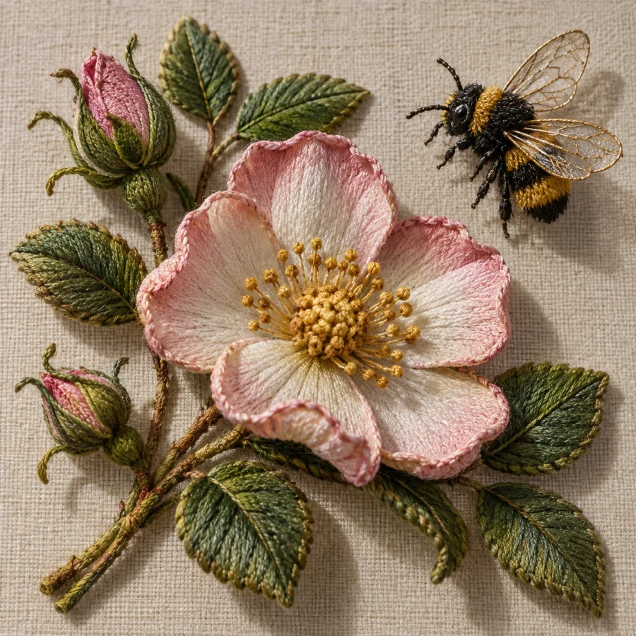 Stumpwork Embroidery: Raised padded embroidery with wired petals, sculptural insects, satin stitches and small cast shadows.