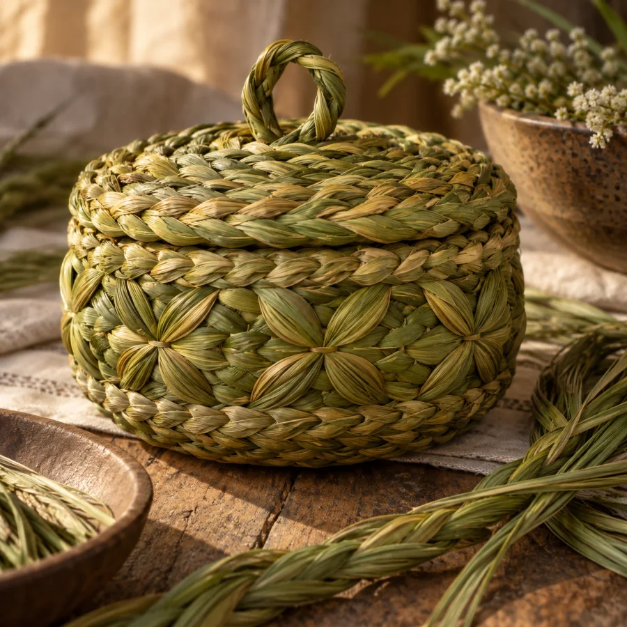 Sweetgrass Braiding: Smooth fragrant-grass-like strands braided into golden-green bands, rounded edges and gently irregular organic texture.