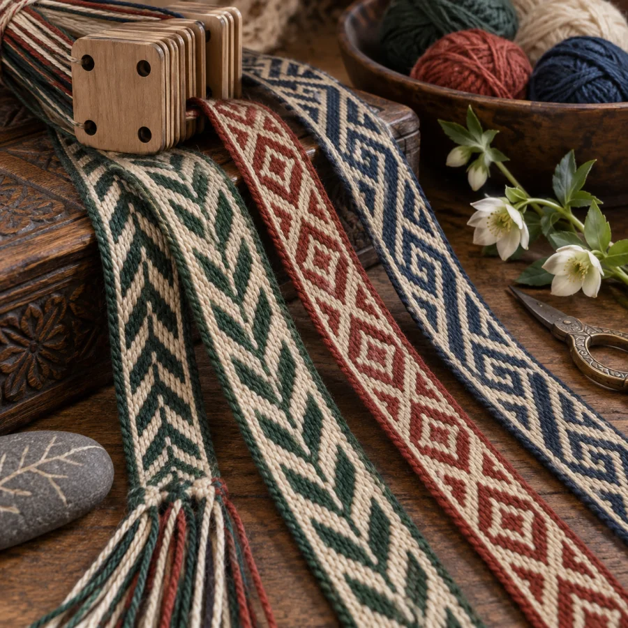 Tablet Weaving: Narrow woven bands with crisp diagonal pattern changes, tightly packed threads and strong geometric rhythm.