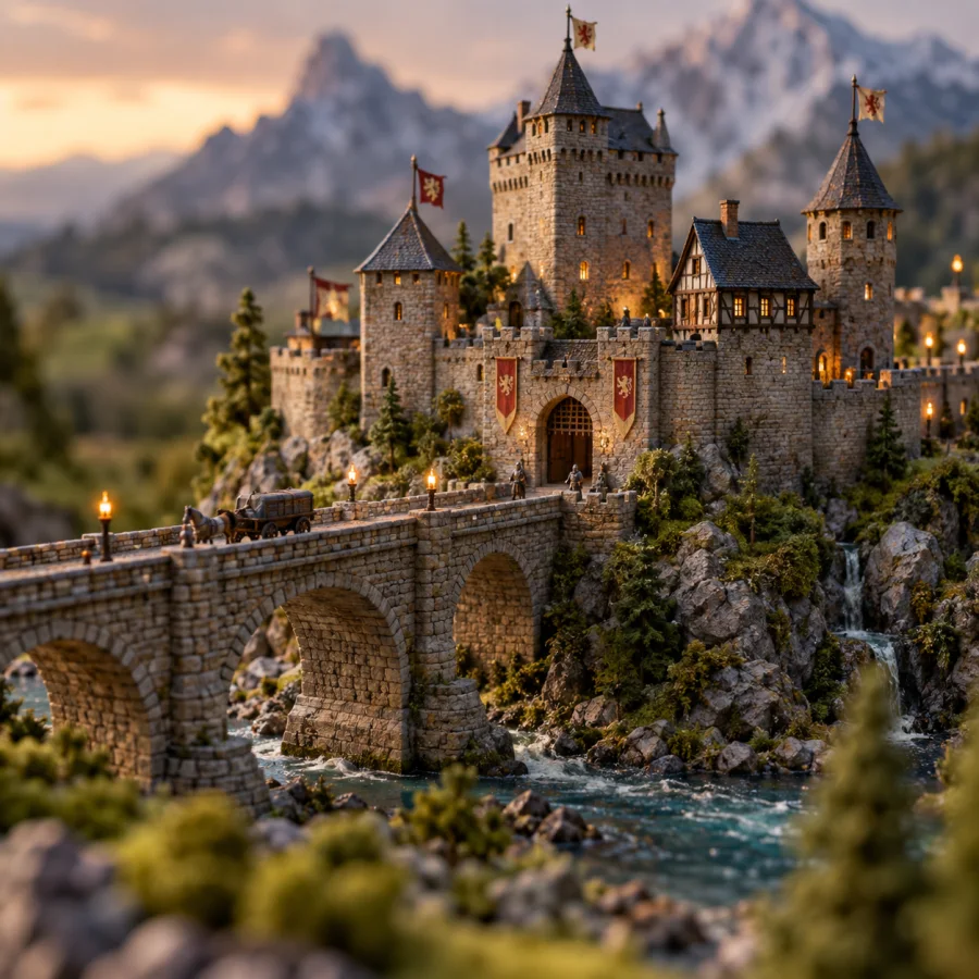 Tabletop Miniature Photography: Carefully lit small-scale constructed scenery with convincing physical detail and deliberate miniature depth cues.