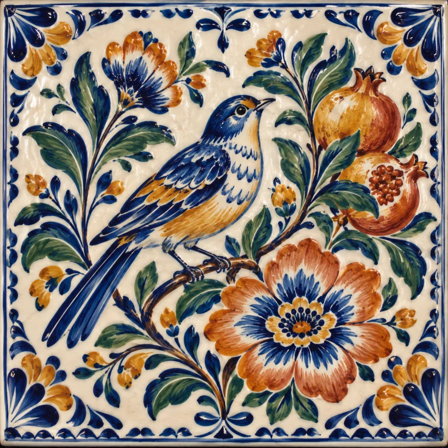 Talavera Poblana: Cream tin-glazed ceramic with cobalt and warm polychrome floral ornament, energetic brushwork and rich glazed surface.