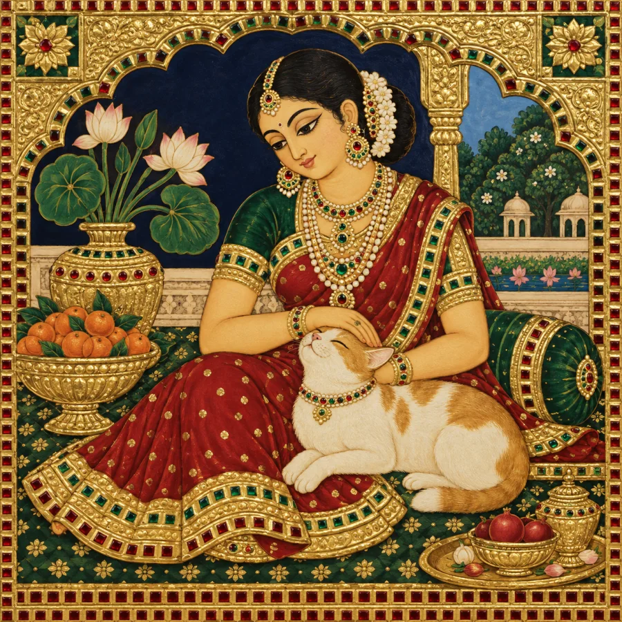 Tanjore-Inspired Painting: Rich jewel colors, raised gilded ornament, gem-like insets and compact frontal composition adapted to original secular imagery.