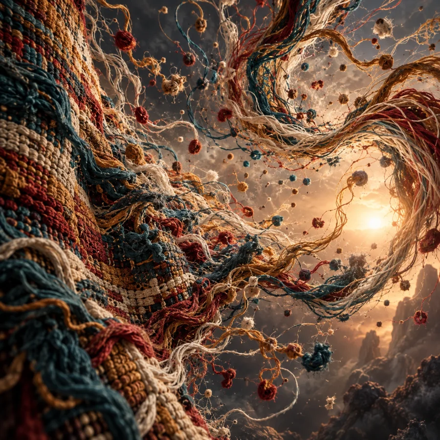 Tapestry Particle Storm: Individual yarn strands suspended as if caught mid-turbulence, dense woven regions dissolving into free fibers.