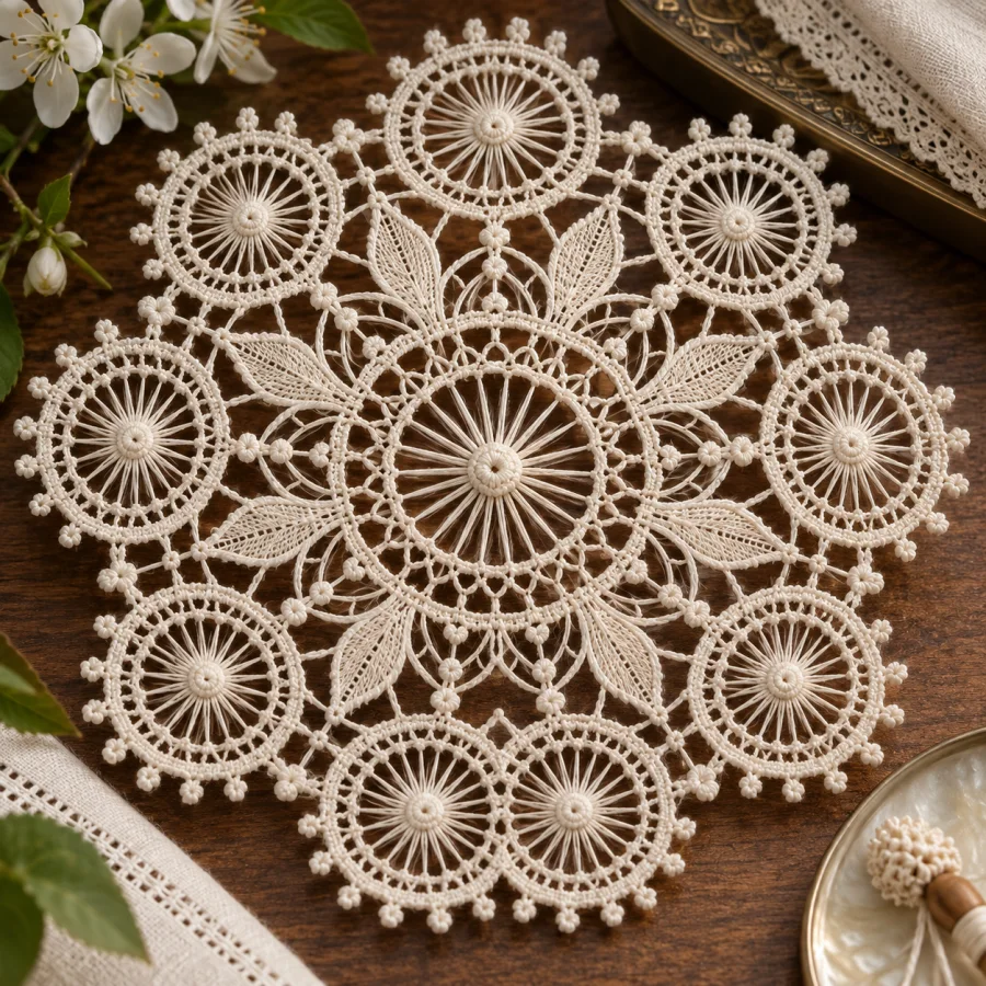 Teneriffe Needle Lace: Radial threads worked into circular lace medallions, delicate knotted spokes and open concentric geometry.