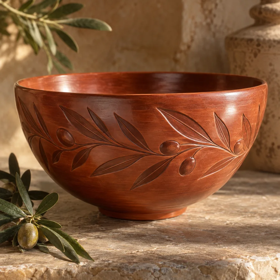 Terra Sigillata Finish: Thin polished clay-slip surfaces with satin luster, warm earth tones and softly burnished reflections.