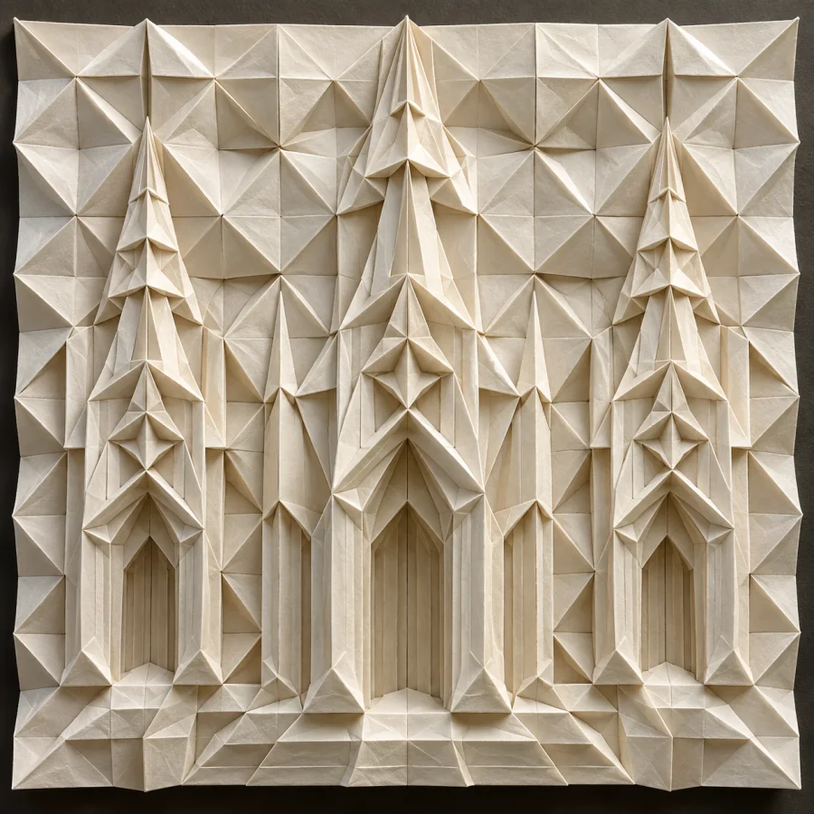 Tessellated Origami: A continuous folded sheet forming repeated geometric pleats, crisp crease networks and rhythmic shallow relief.