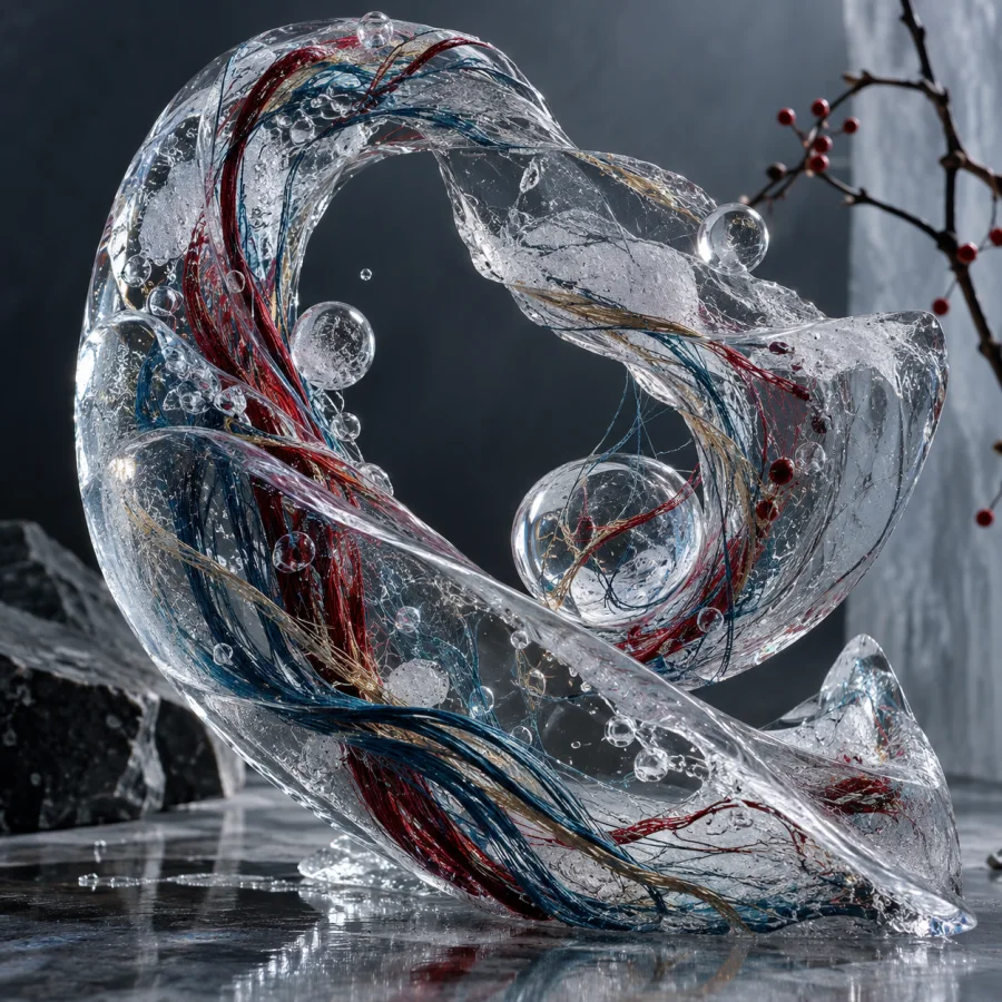 Threaded Ice Calligraphy: Colored threads frozen inside clear gestural ice forms, trapped bubbles and sharply refracted internal lines.