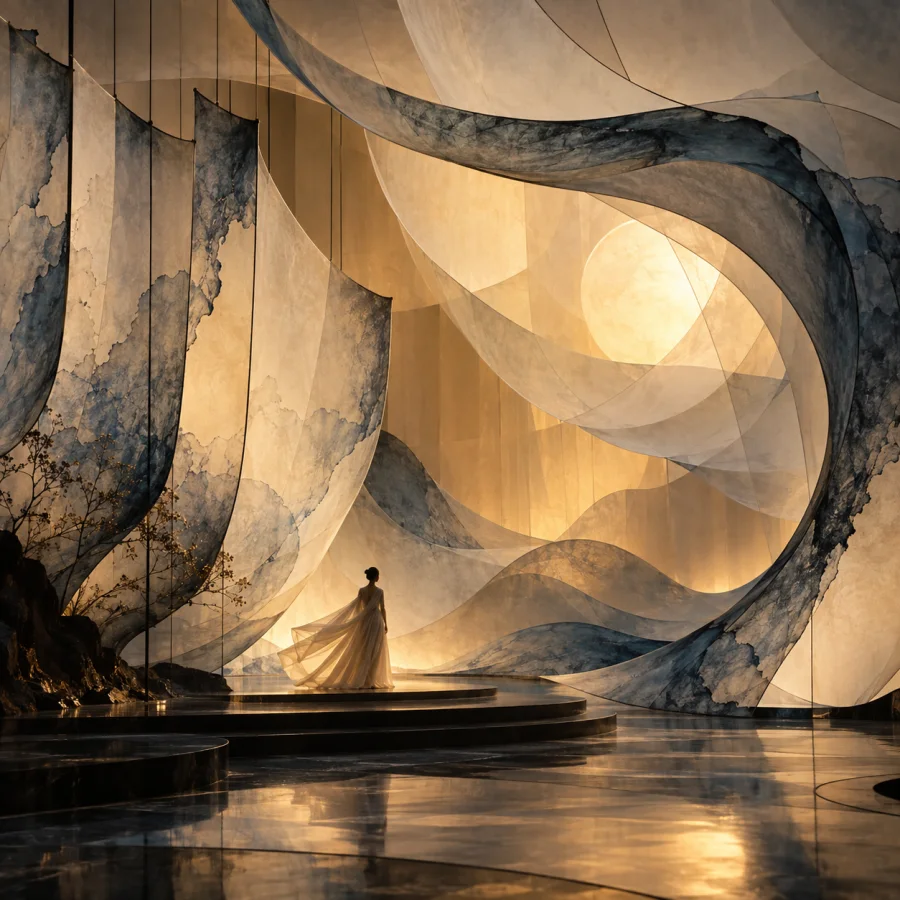 Tidal Vellum Opera: Translucent vellum sheets folded into sweeping stage-like waves, ink-washed edges and warm backlit depth.