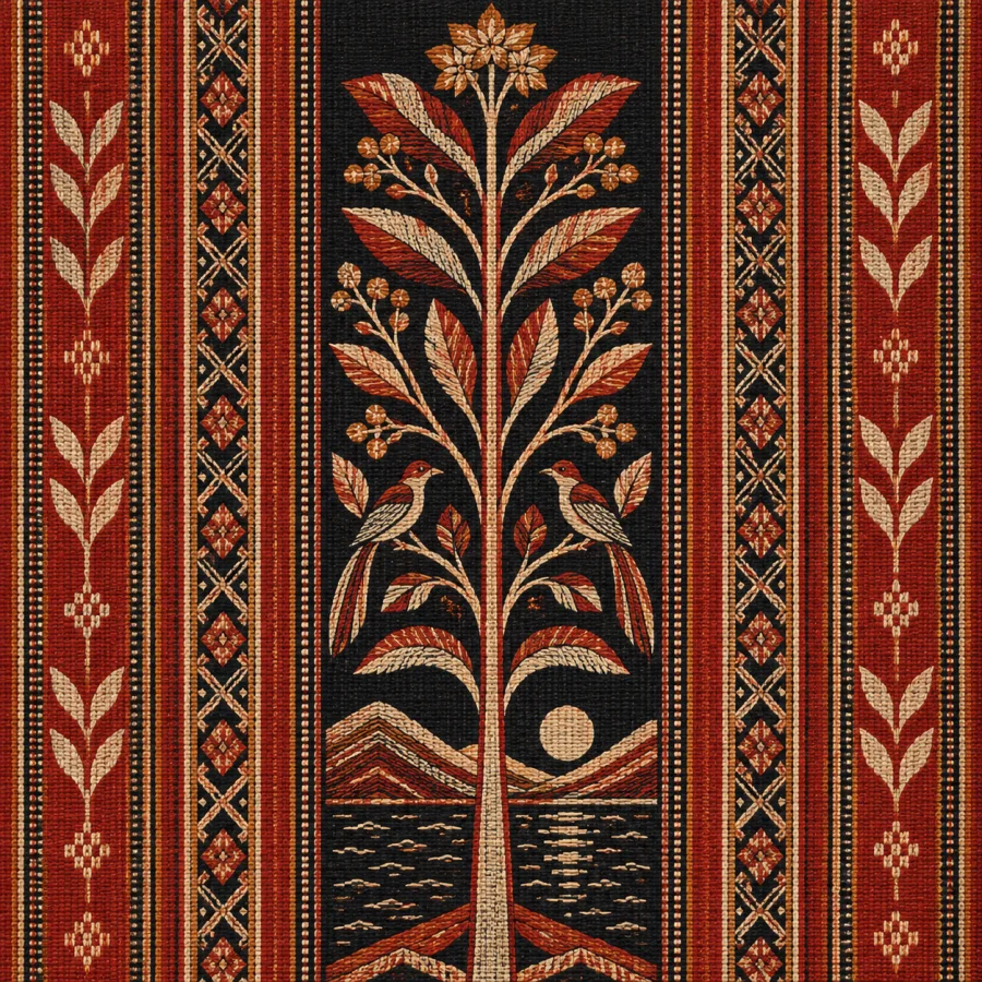 Timorese Tais-Inspired Weaving: Strong striped woven bands, fine supplementary patterning and vivid earth-red, cream and dark contrasts using newly designed secular motifs.