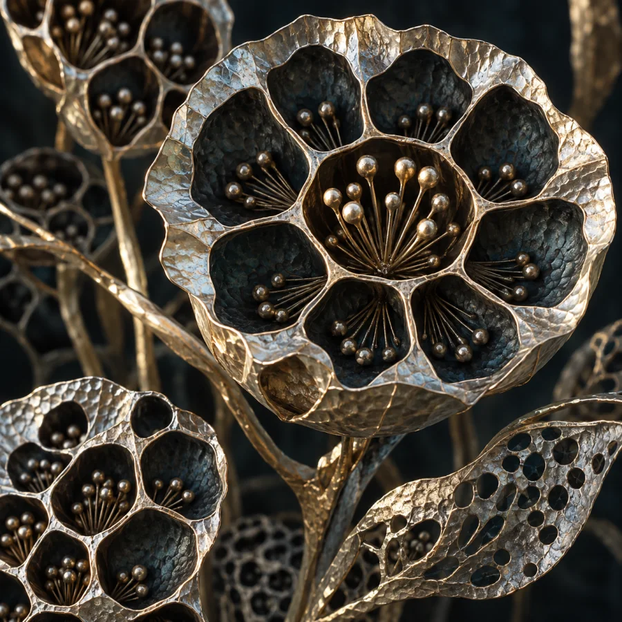 Tinflower Microscopy: Imaginary botanical cells modeled from thin hammered tin, bright membranes and dark recessed interiors.