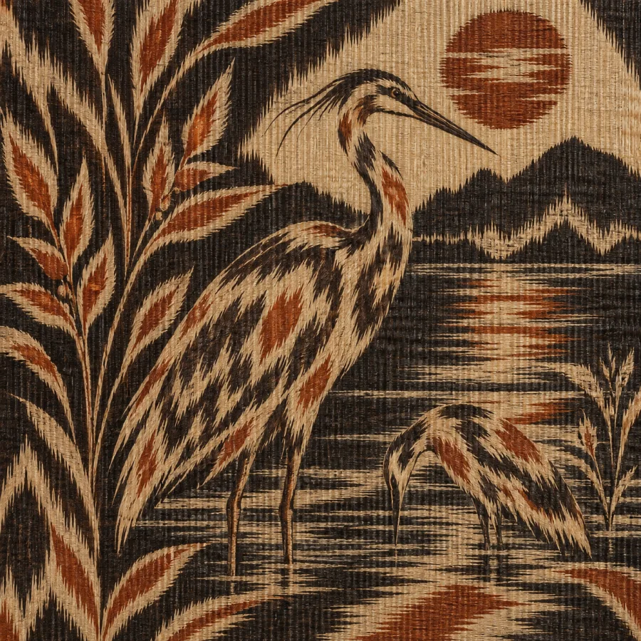 Tnalak-Inspired Abaca Weaving: Fine brown-black, cream and rust ikat-like patterns in glossy abaca fibers, elongated rhythmic motifs and softly feathered edges using original designs.