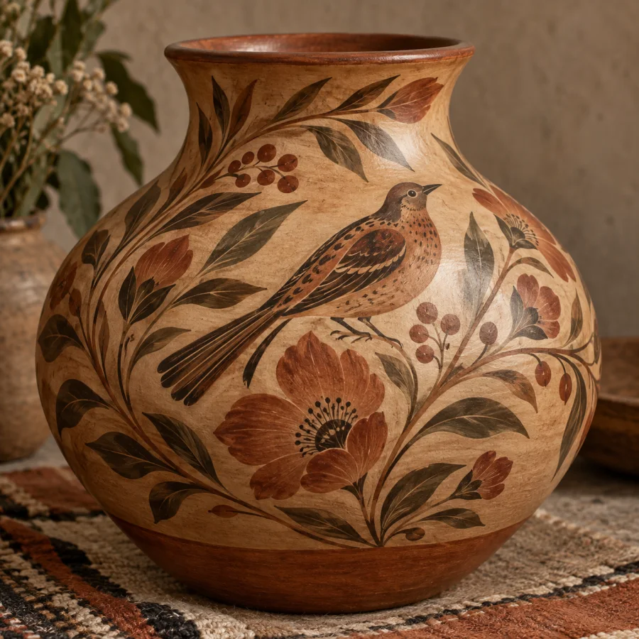 Tonala Burnished Pottery: Warm unglazed clay polished to a soft sheen, delicate earth-colored botanical painting and flowing rounded forms.