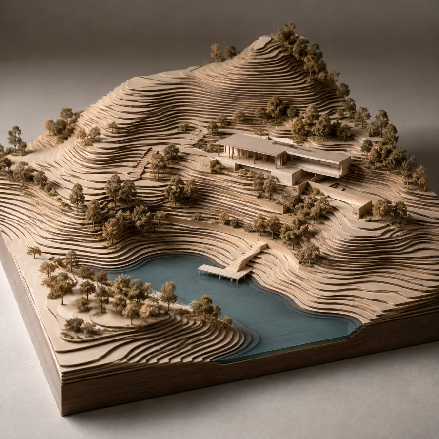 Topographic Relief Model: Layered physical contour sheets forming a miniature terrain, stepped edges and precise terrain shadows.