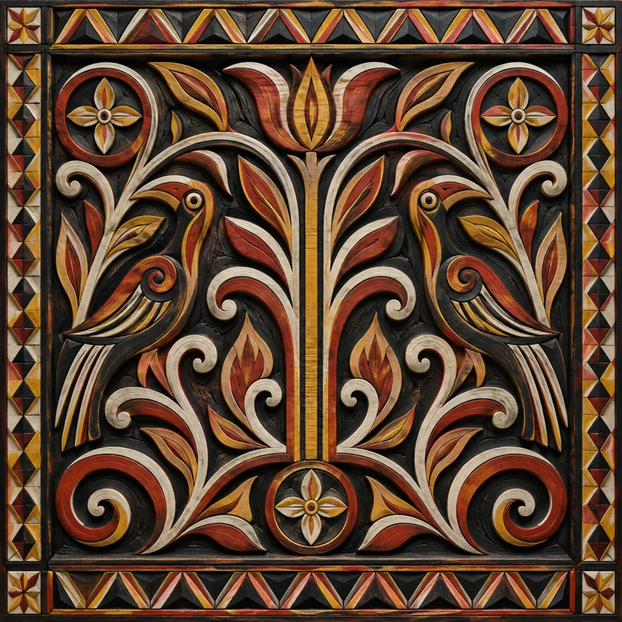 Toraja-Inspired Carved Panel: Deeply incised geometric and curving botanical ornament painted in black, red, yellow and white, with crisp carved relief and rhythmic symmetry.