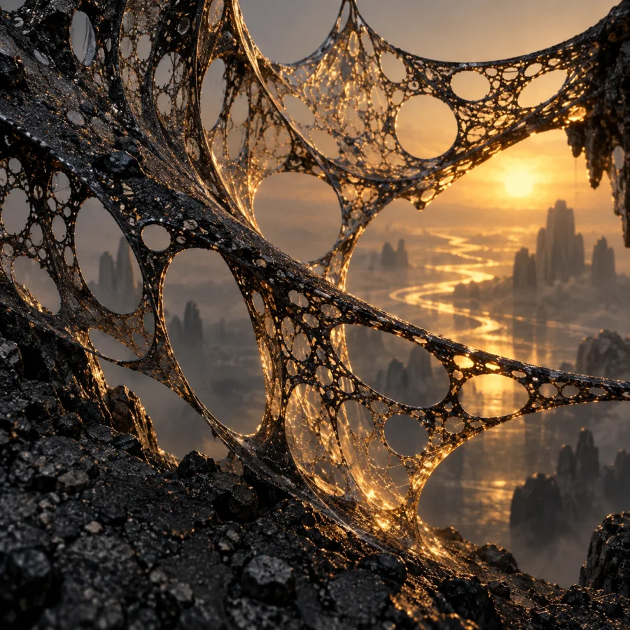 Translucent Asphalt Lace: Dark road-like material stretched into impossibly thin porous lace, glowing edges and rough granular detail.