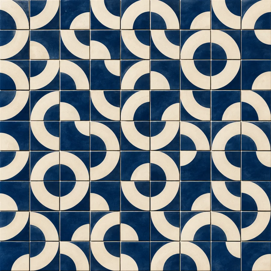 Truchet Tile Pattern: Simple quarter-circle tile units rotated into complex connected paths, strong modular contrast and flowing visual networks.