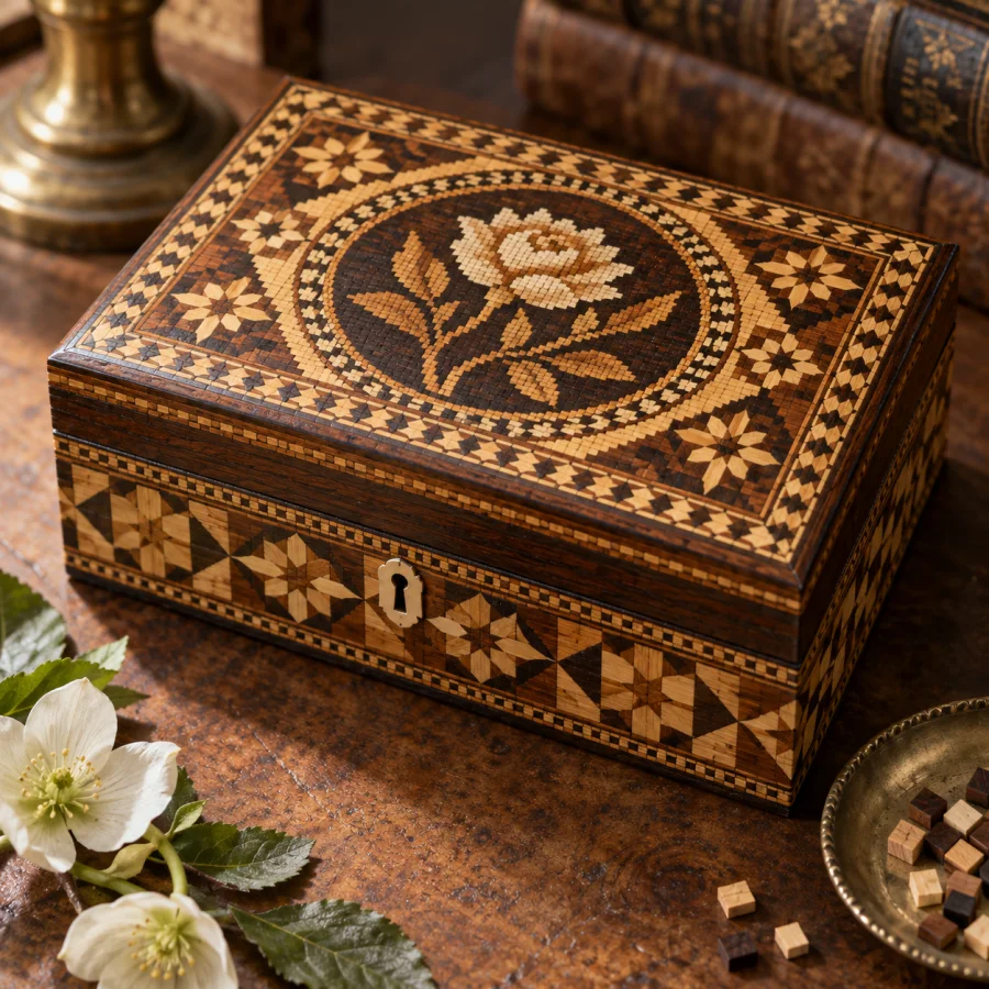 Tunbridge Ware: Tiny contrasting wooden tesserae assembled into intricate repeating patterns, crisp miniature geometric precision.