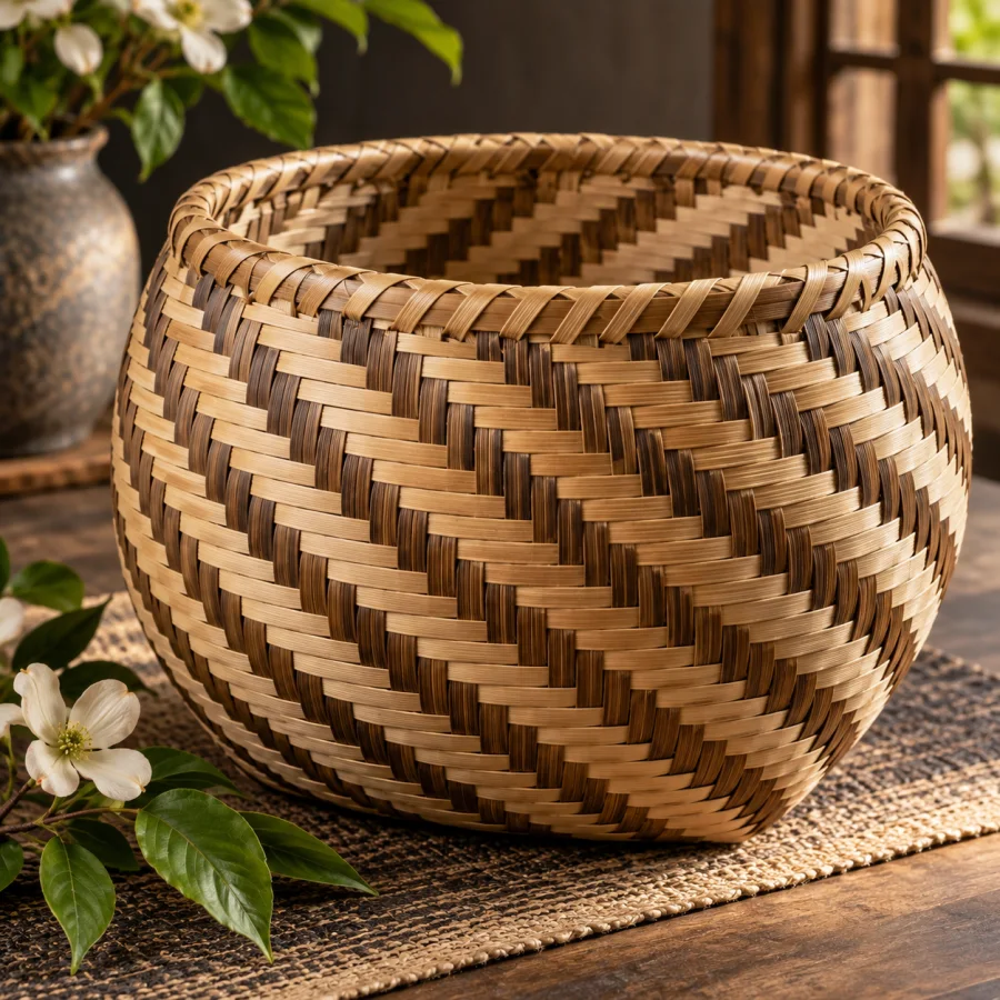 Twill Basketry: Flat strips crossing in staggered diagonal runs, repeating stepped patterns and supple woven planes.