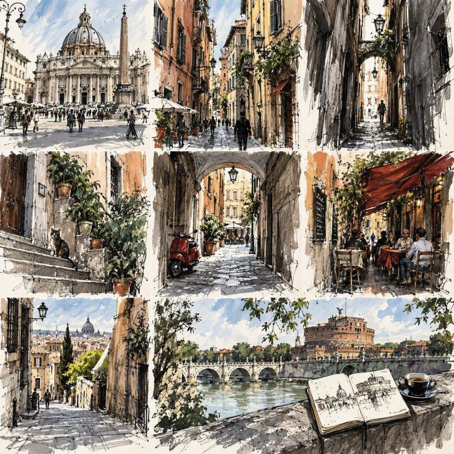 Urban Serial-Vision Sketch: A sequence of loose street-level sketches showing changing spatial enclosure, fast ink marks and selective washes.